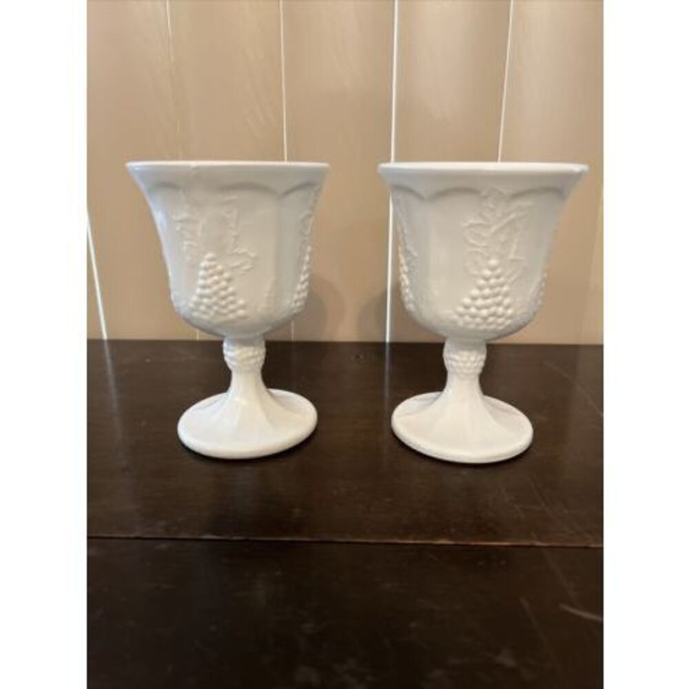 * Indiana Glass Co Milk Glass Goblet Colony Harvest Grape Design Set Of 2